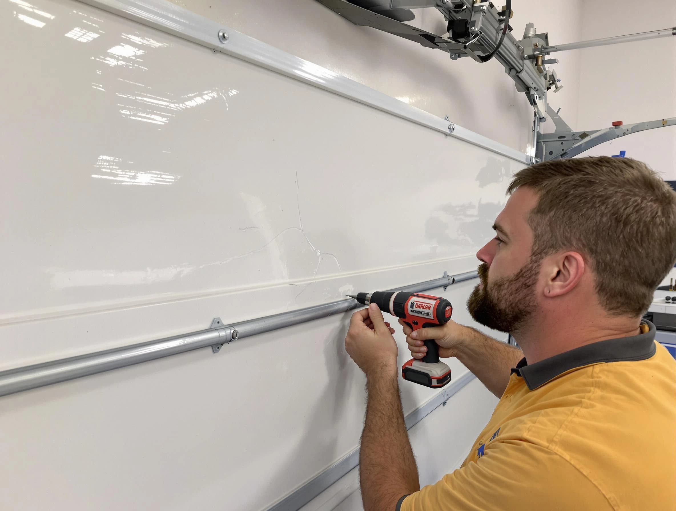 Dover Garage Door Repair expert performing dent repair on garage door in Dover
