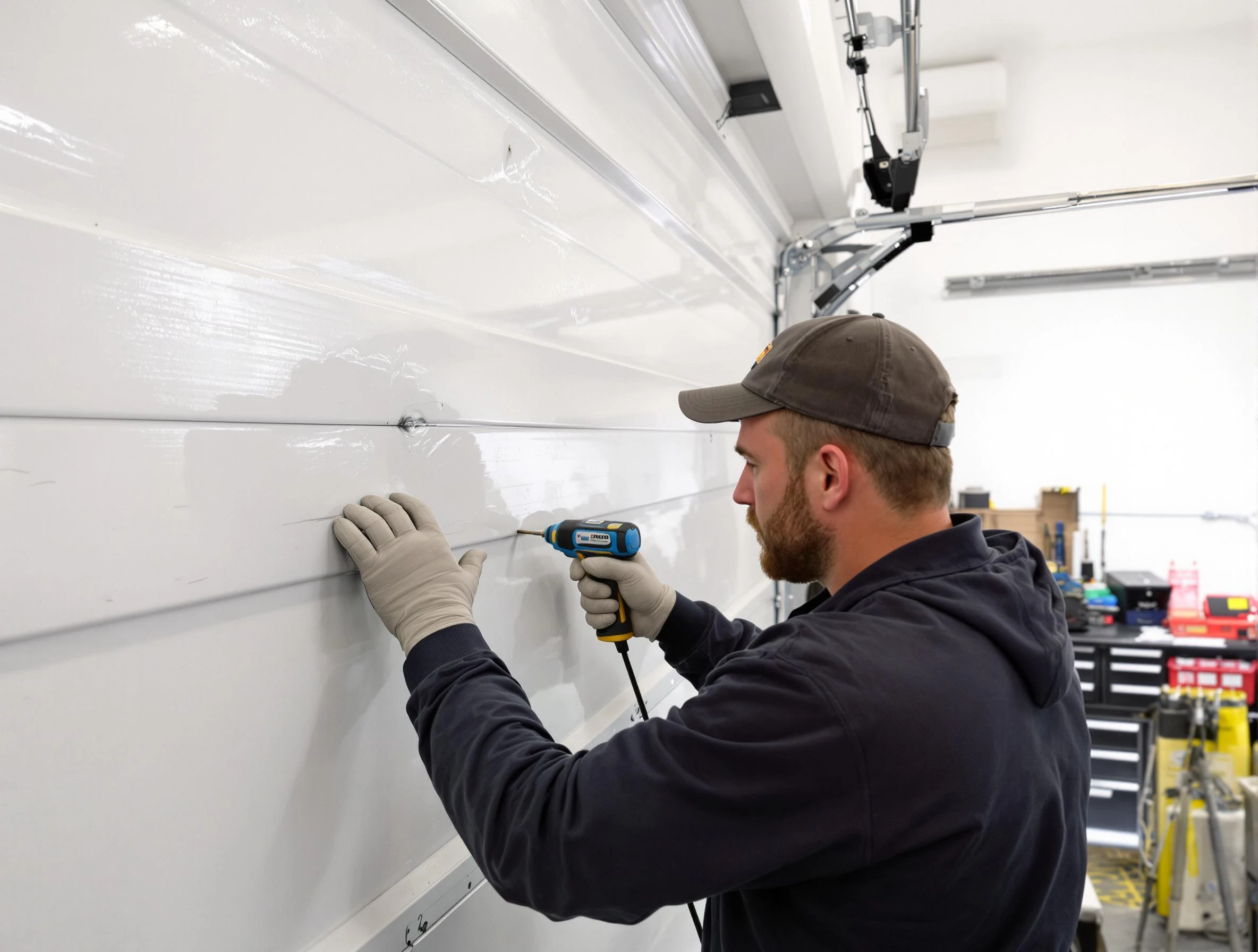 Dover Garage Door Repair technician demonstrating precision dent removal techniques on a Dover garage door